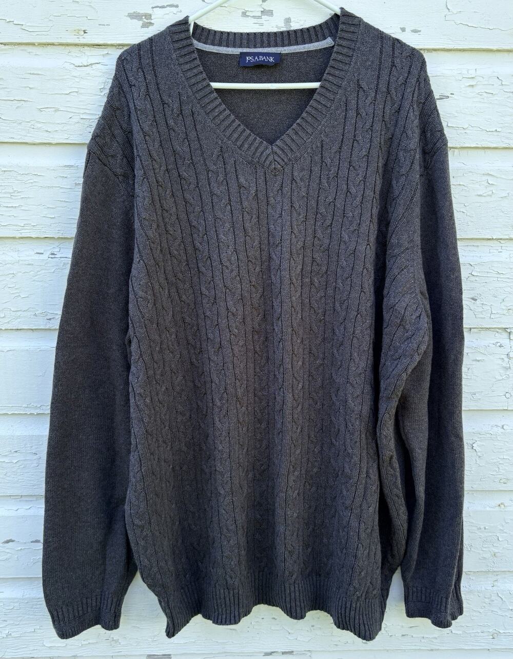 Jos A Bank Mens Gray V-Neck Cable Knit Cotton Tailored Fit Sweater 3XL Tall